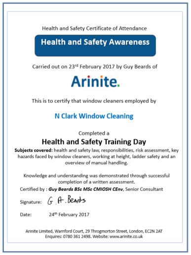 Group window cleaner training certificate
